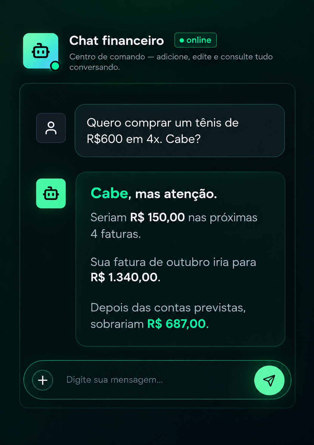 Conversa no chat financeiro mostrando o impacto de uma compra no orçamento